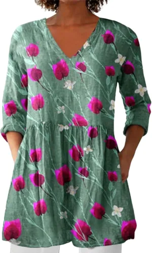 Womens Summer Fall Fashion 3/4 Length Sleeve Tops V Neck Causal Floral Vintage Beach Vaction Dress Tee Shirts Blouses