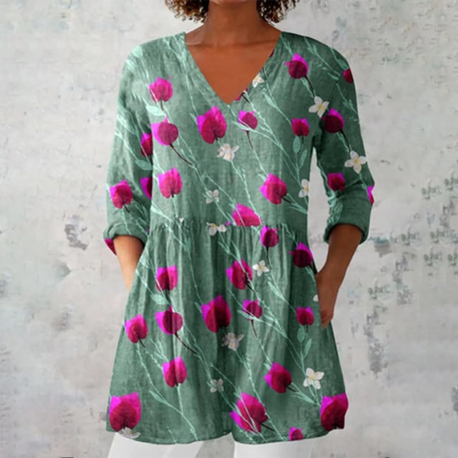 Womens Summer Fall Fashion 3/4 Length Sleeve Tops V Neck Causal Floral Vintage Beach Vaction Dress Tee Shirts Blouses