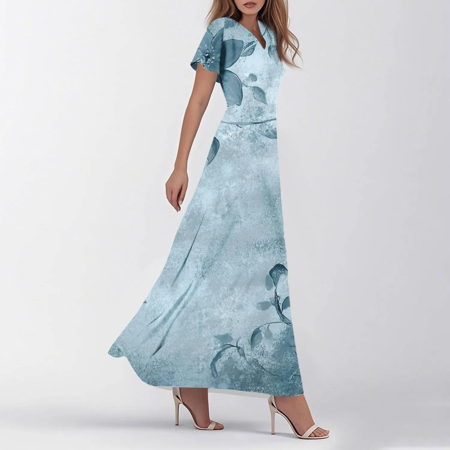 Women's Summer Floral Maxi Dresses Boho V-Neck Short Sleeve High Waisted Loose Swing Long Beach Sundress