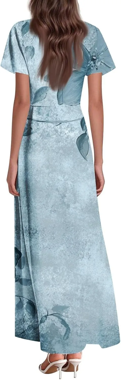 Women's Summer Floral Maxi Dresses Boho V-Neck Short Sleeve High Waisted Loose Swing Long Beach Sundress