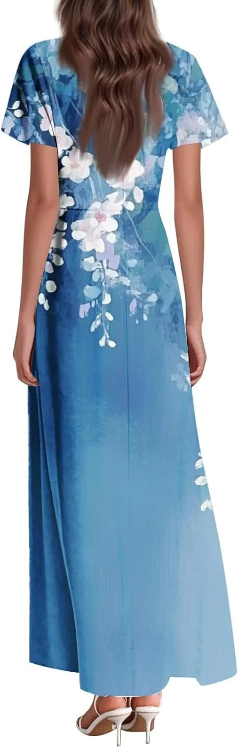 Women's Summer Floral Maxi Dresses Boho V-Neck Short Sleeve High Waisted Loose Swing Long Beach Sundress