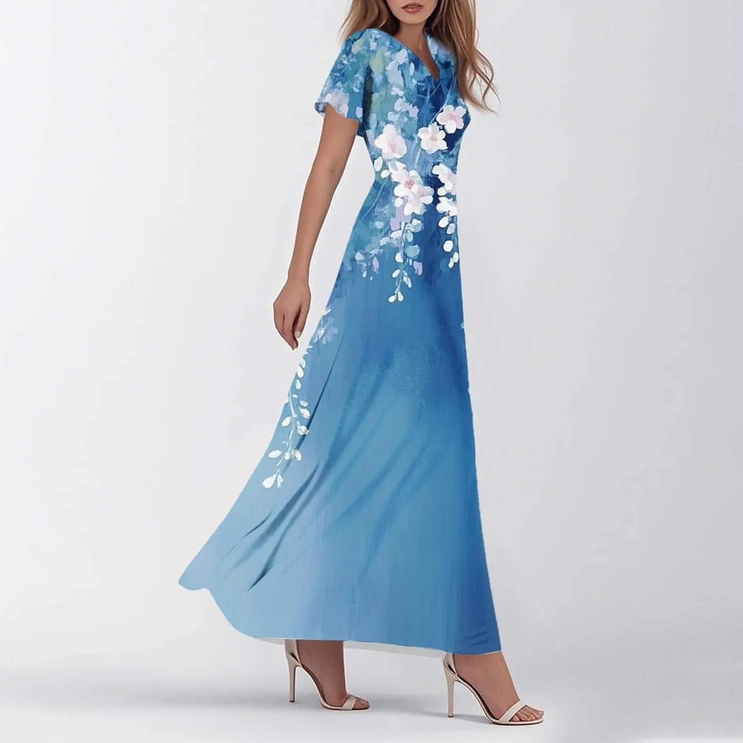 Women's Summer Floral Maxi Dresses Boho V-Neck Short Sleeve High Waisted Loose Swing Long Beach Sundress