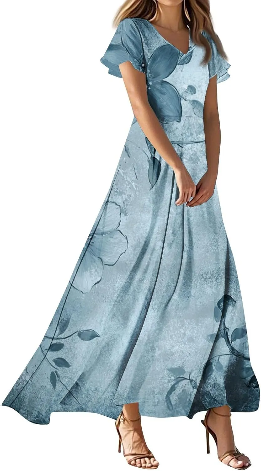 Women's Summer Floral Maxi Dresses Boho V-Neck Short Sleeve High Waisted Loose Swing Long Beach Sundress