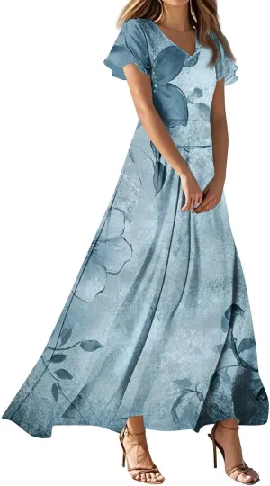 Women's Summer Floral Maxi Dresses Boho V-Neck Short Sleeve High Waisted Loose Swing Long Beach Sundress