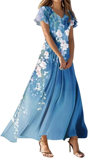 Women's Summer Floral Maxi Dresses Boho V-Neck Short Sleeve High Waisted Loose Swing Long Beach Sundress