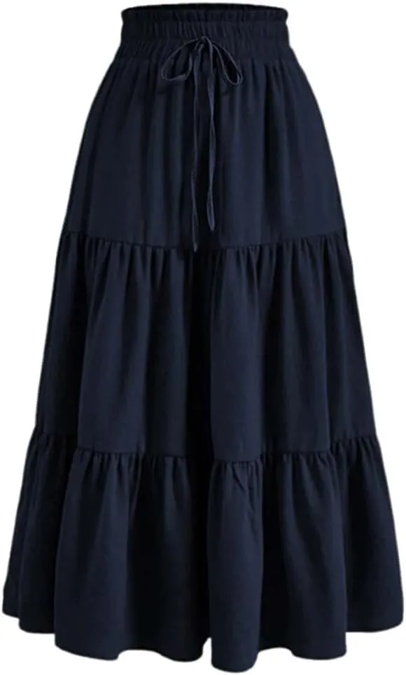 Womens Summer Flowy Swing Tiered Midi Skirt with Pocket 2025 Casual Boho Elastic Waisted Beach Long Skirt