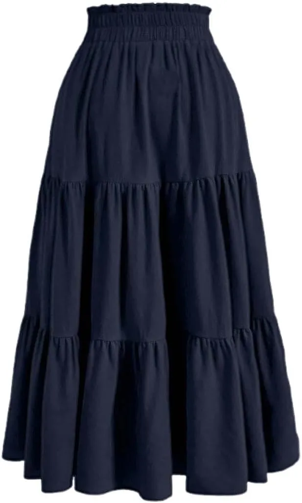 Womens Summer Flowy Swing Tiered Midi Skirt with Pocket 2025 Casual Boho Elastic Waisted Beach Long Skirt