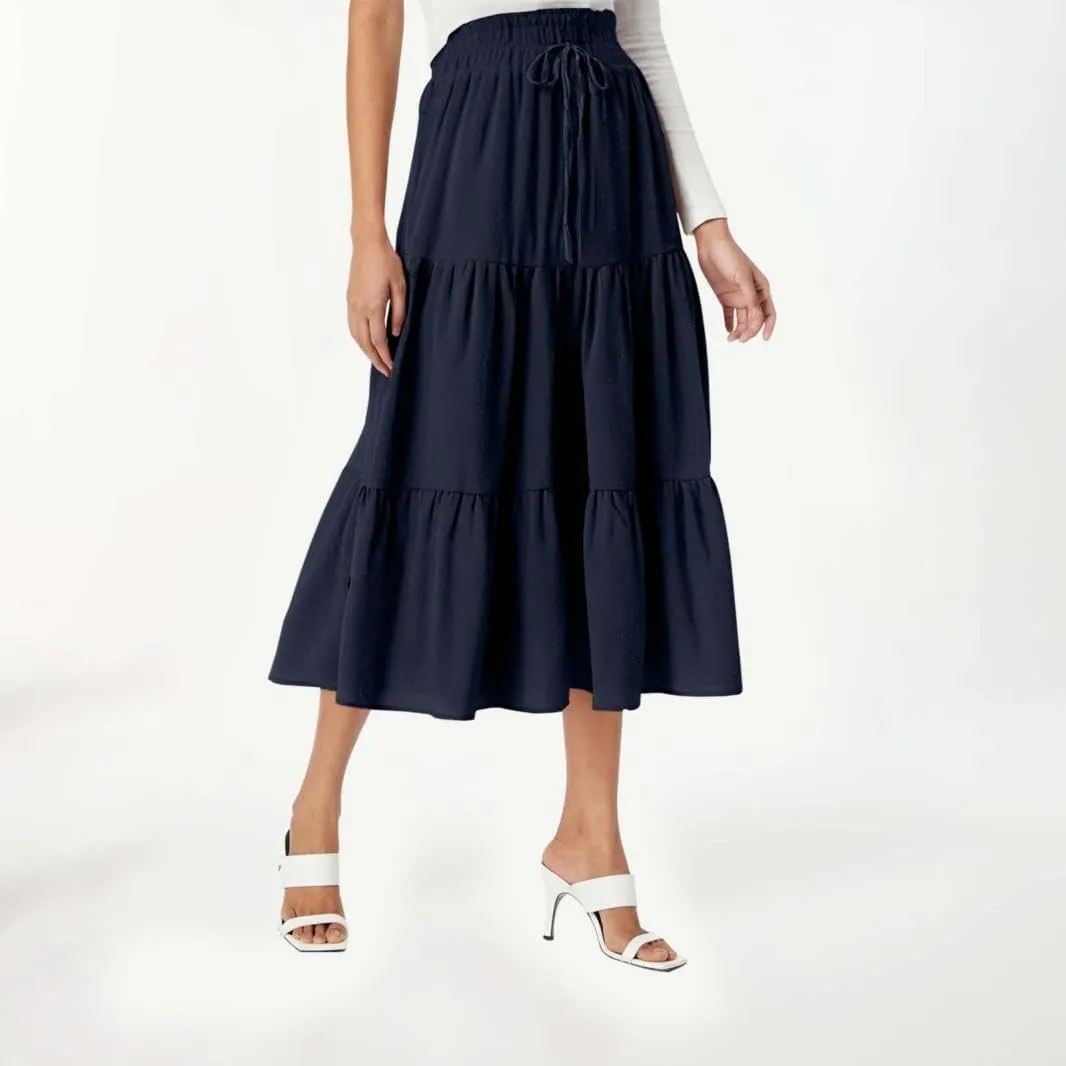 Womens Summer Flowy Swing Tiered Midi Skirt with Pocket 2025 Casual Boho Elastic Waisted Beach Long Skirt