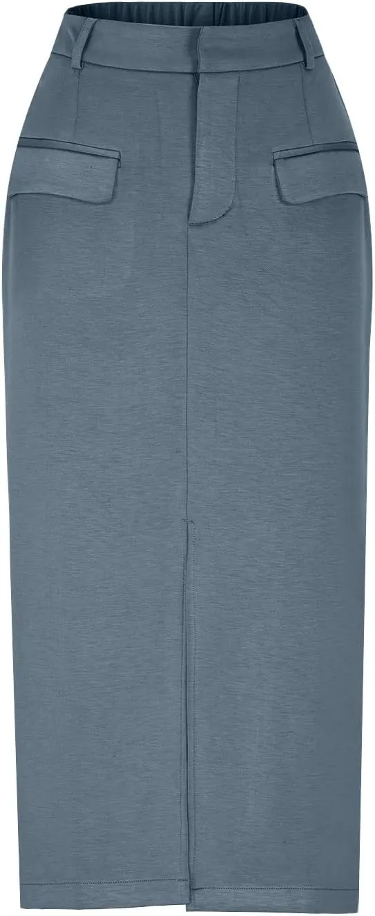 Women's Summer High Waist Split Warp A Line Dressy Long Skirts Trendy Business Work Pencil Midi Skirt with Pockets