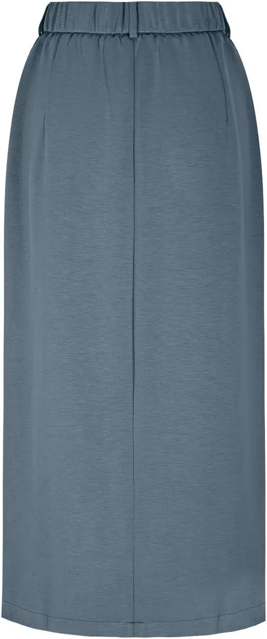 Women's Summer High Waist Split Warp A Line Dressy Long Skirts Trendy Business Work Pencil Midi Skirt with Pockets