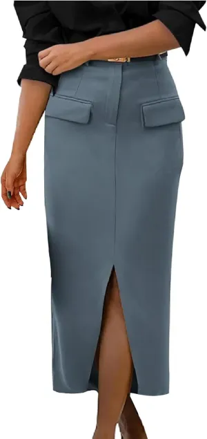 Women's Summer High Waist Split Warp A Line Dressy Long Skirts Trendy Business Work Pencil Midi Skirt with Pockets