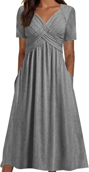 Womens Summer Maxi Dress Short Sleeve V Neck Criss Cross Wrap A-Line Dress Solid Color Casual Sundress with Pockets