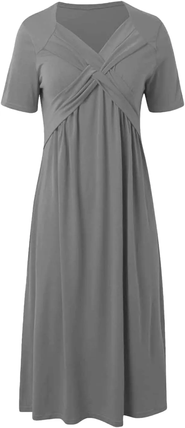 Womens Summer Maxi Dress Short Sleeve V Neck Criss Cross Wrap A-Line Dress Solid Color Casual Sundress with Pockets