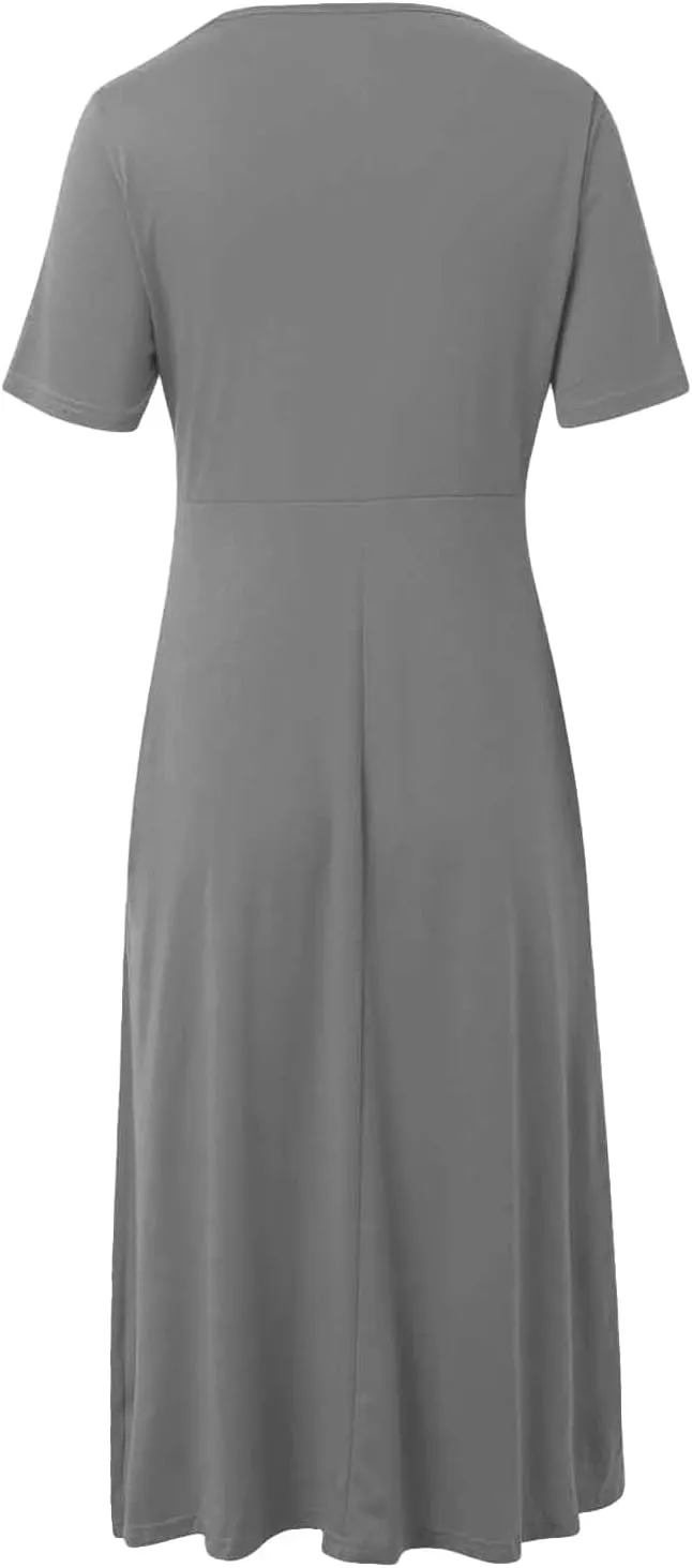 Womens Summer Maxi Dress Short Sleeve V Neck Criss Cross Wrap A-Line Dress Solid Color Casual Sundress with Pockets