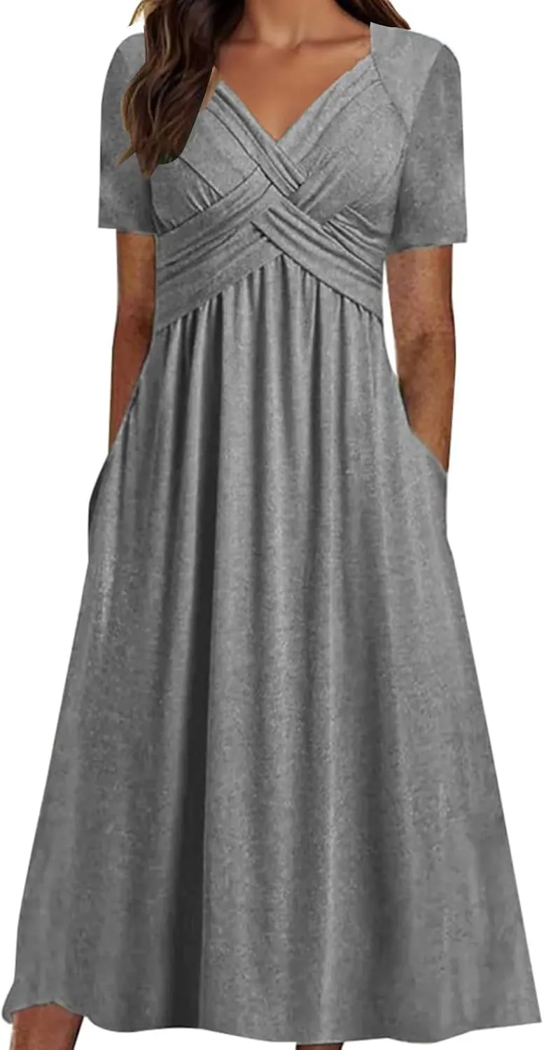 Womens Summer Maxi Dress Short Sleeve V Neck Criss Cross Wrap A-Line Dress Solid Color Casual Sundress with Pockets