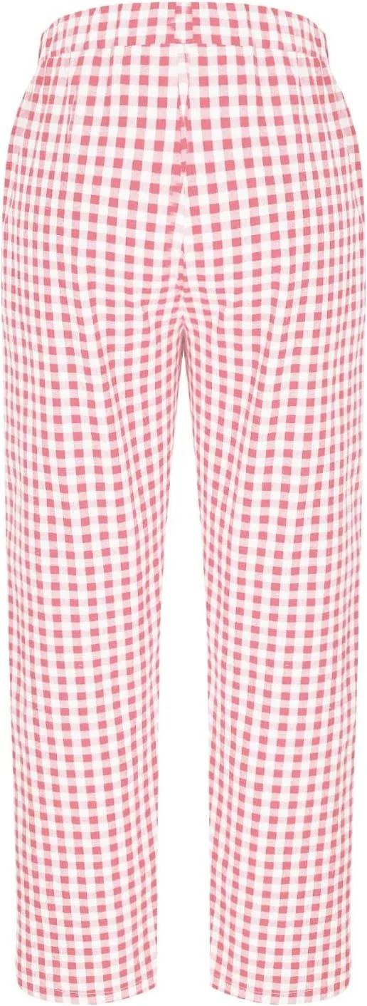 Womens Summer Pants Casual Cotton Linen Checkered Straight Leg Pants Loose Fit Work Business Long Trousers