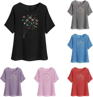 Womens Summer Tops Cotton Linen T-Shirts Trendy Dressy Butterfly Graphic Tees Short Sleeve Blouse Holiday Comfy Shirts