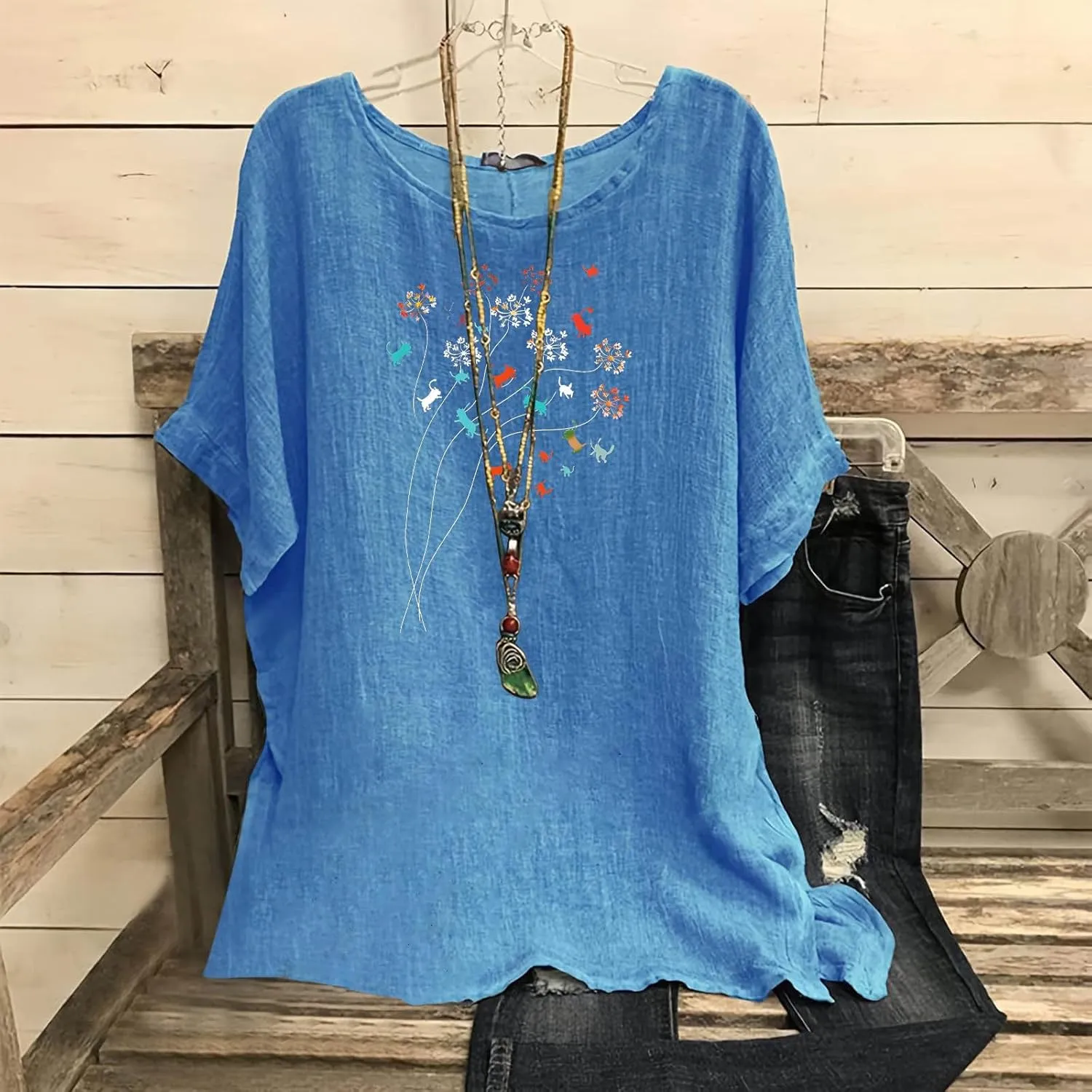 Womens Summer Tops Cotton Linen T-Shirts Trendy Dressy Butterfly Graphic Tees Short Sleeve Blouse Holiday Comfy Shirts