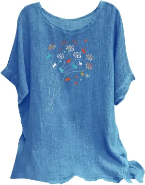 Womens Summer Tops Cotton Linen T-Shirts Trendy Dressy Butterfly Graphic Tees Short Sleeve Blouse Holiday Comfy Shirts