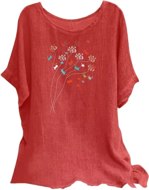 Womens Summer Tops Cotton Linen T-Shirts Trendy Dressy Butterfly Graphic Tees Short Sleeve Blouse Holiday Comfy Shirts