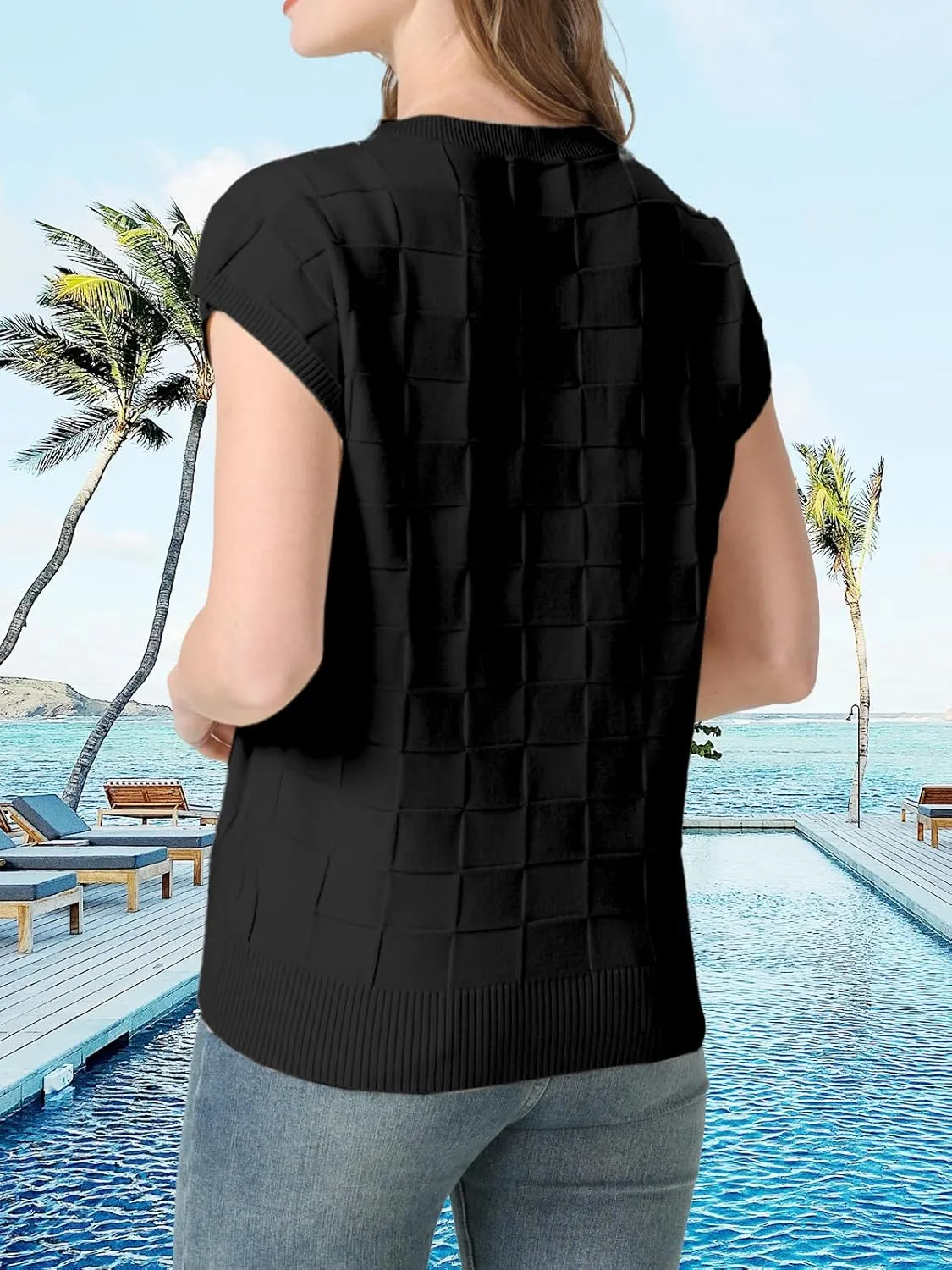 Womens Summer Trendy Shirts Tops 2025 Cap Short Sleeve Sweater Vest Crewneck Checkered Pocket Lightweight Tee Outfits