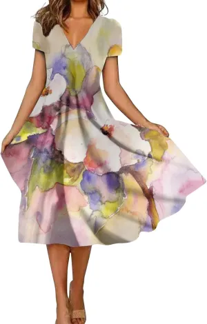 Womens Summer Wrap Maxi Dress Boho Floral V Neck Short Sleeve Long Dress Cute Ruffle Hem High Waist A-Line Dress