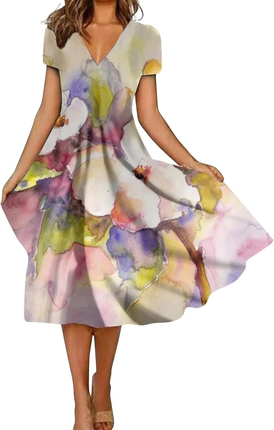 Womens Summer Wrap Maxi Dress Boho Floral V Neck Short Sleeve Long Dress Cute Ruffle Hem High Waist A-Line Dress