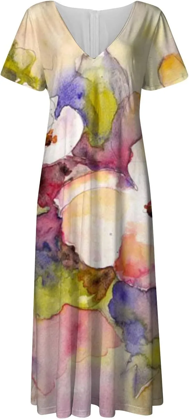 Womens Summer Wrap Maxi Dress Boho Floral V Neck Short Sleeve Long Dress Cute Ruffle Hem High Waist A-Line Dress