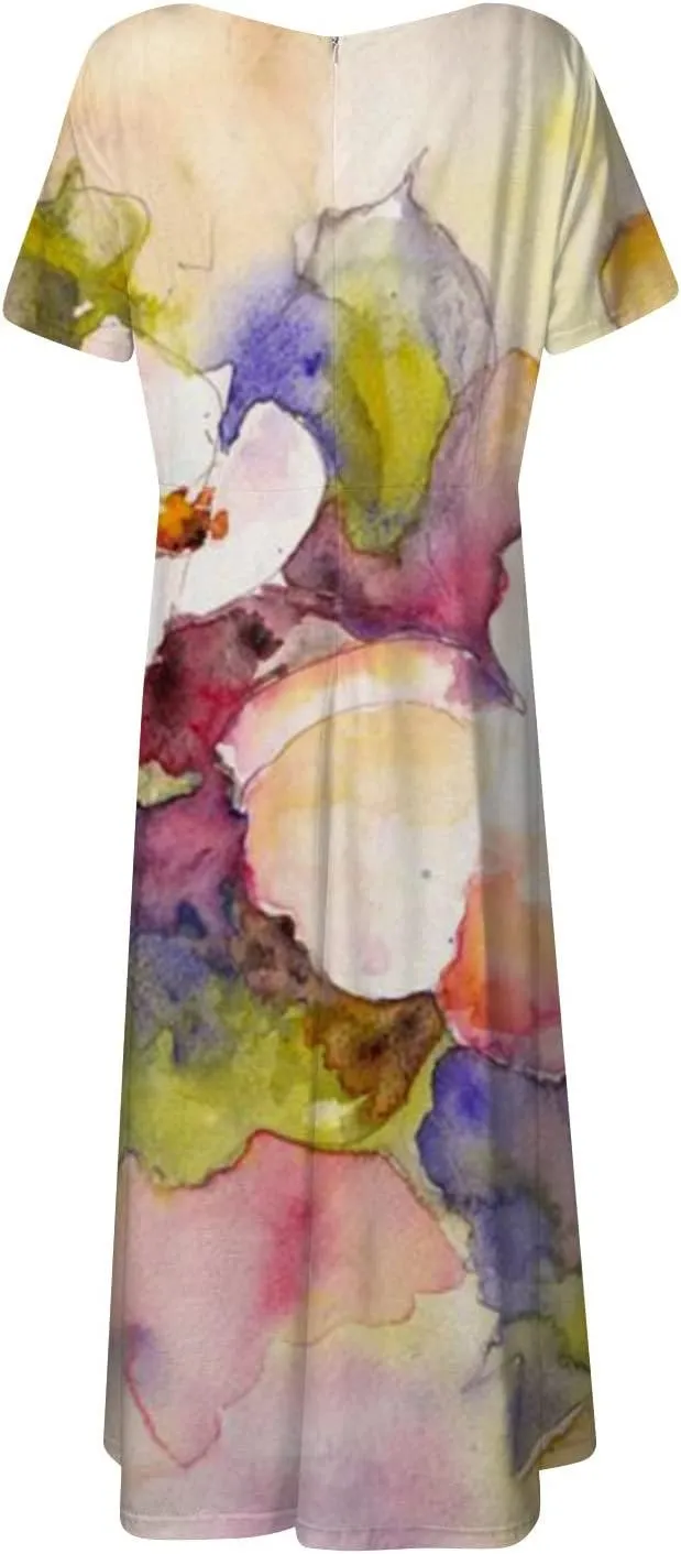 Womens Summer Wrap Maxi Dress Boho Floral V Neck Short Sleeve Long Dress Cute Ruffle Hem High Waist A-Line Dress