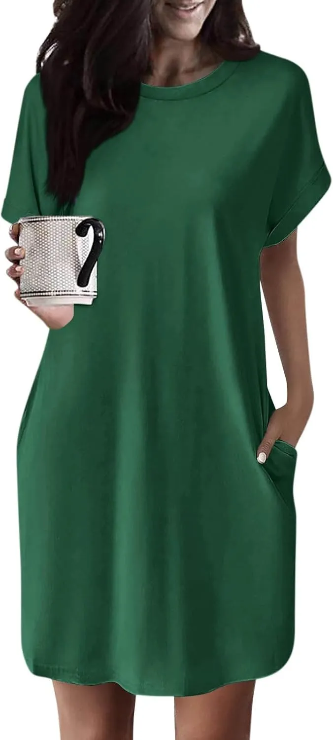 Women's Sun Dresses 2025 Vacation Summer Casual Loose Trendy Short Sleeve Round Neck Solid Color Dress, S-2XL