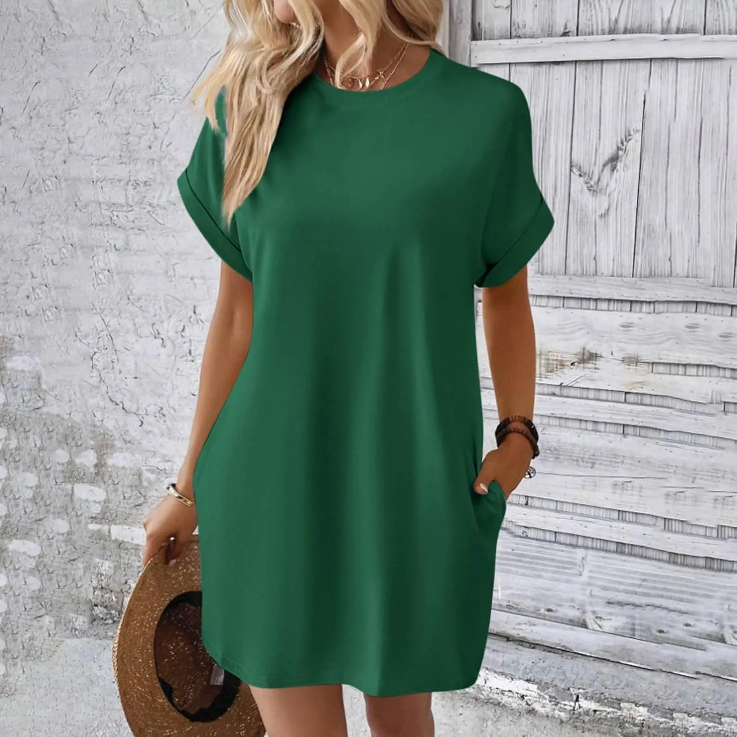 Women's Sun Dresses 2025 Vacation Summer Casual Loose Trendy Short Sleeve Round Neck Solid Color Dress, S-2XL