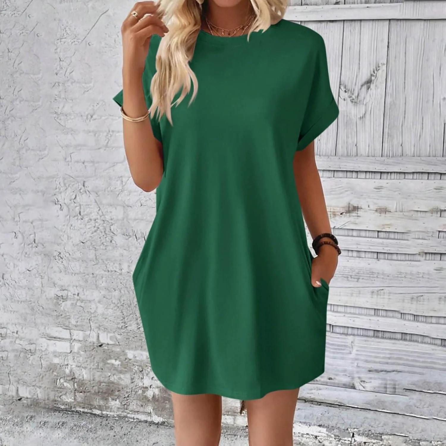 Women's Sun Dresses 2025 Vacation Summer Casual Loose Trendy Short Sleeve Round Neck Solid Color Dress, S-2XL