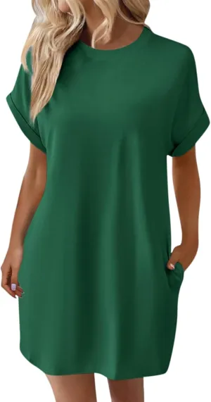 Women's Sun Dresses 2025 Vacation Summer Casual Loose Trendy Short Sleeve Round Neck Solid Color Dress, S-2XL