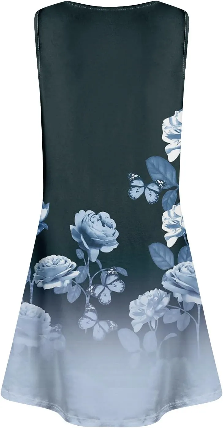 Womens Sundresses Sleeveless Tank Dress Spring Vintage Dress Cover Up Patterned Boho Floral Dresses Summer with Pocket