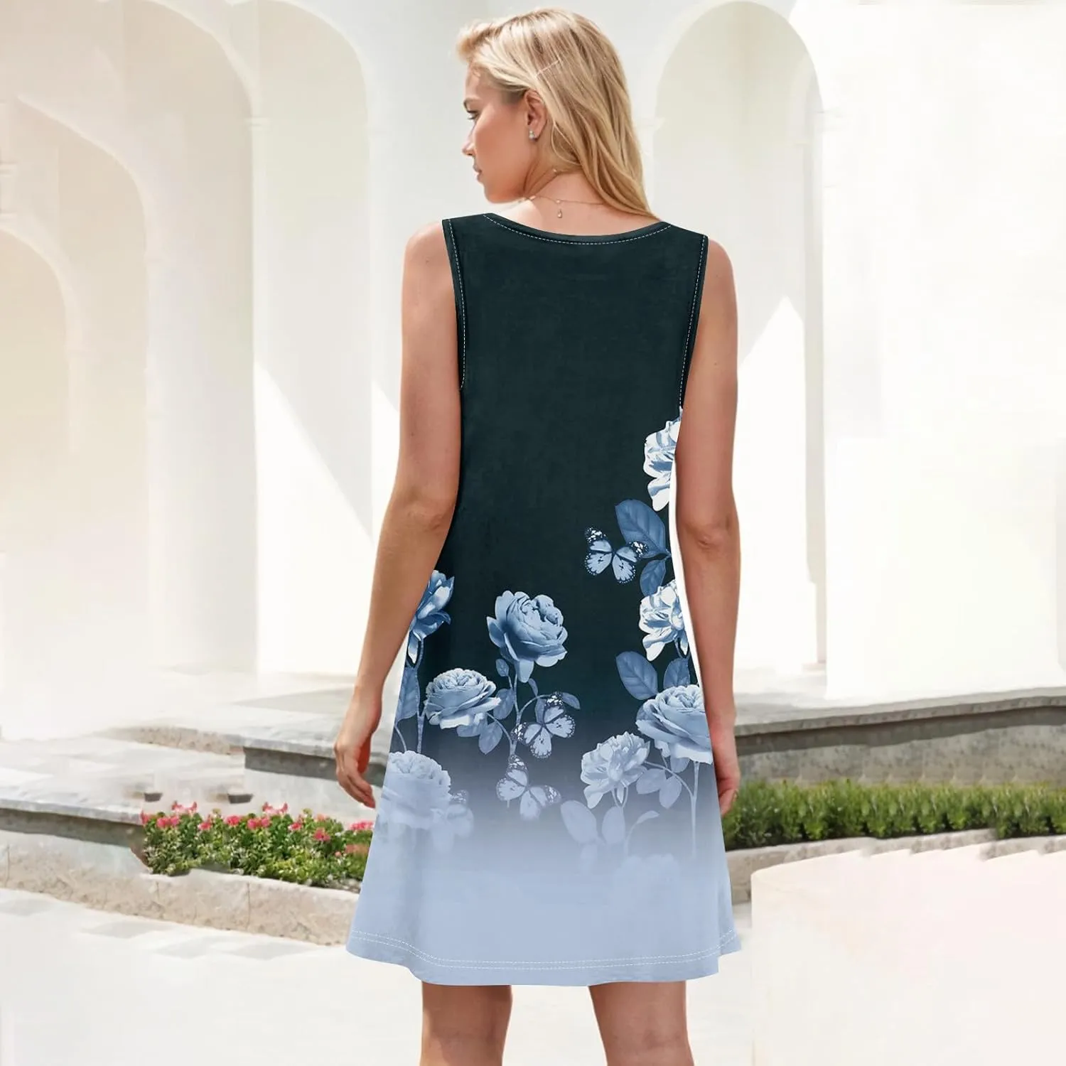 Womens Sundresses Sleeveless Tank Dress Spring Vintage Dress Cover Up Patterned Boho Floral Dresses Summer with Pocket