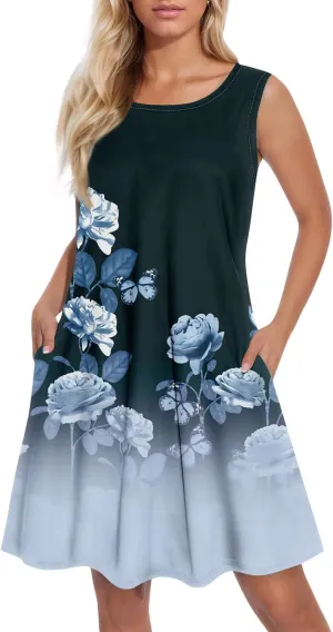 Womens Sundresses Sleeveless Tank Dress Spring Vintage Dress Cover Up Patterned Boho Floral Dresses Summer with Pocket