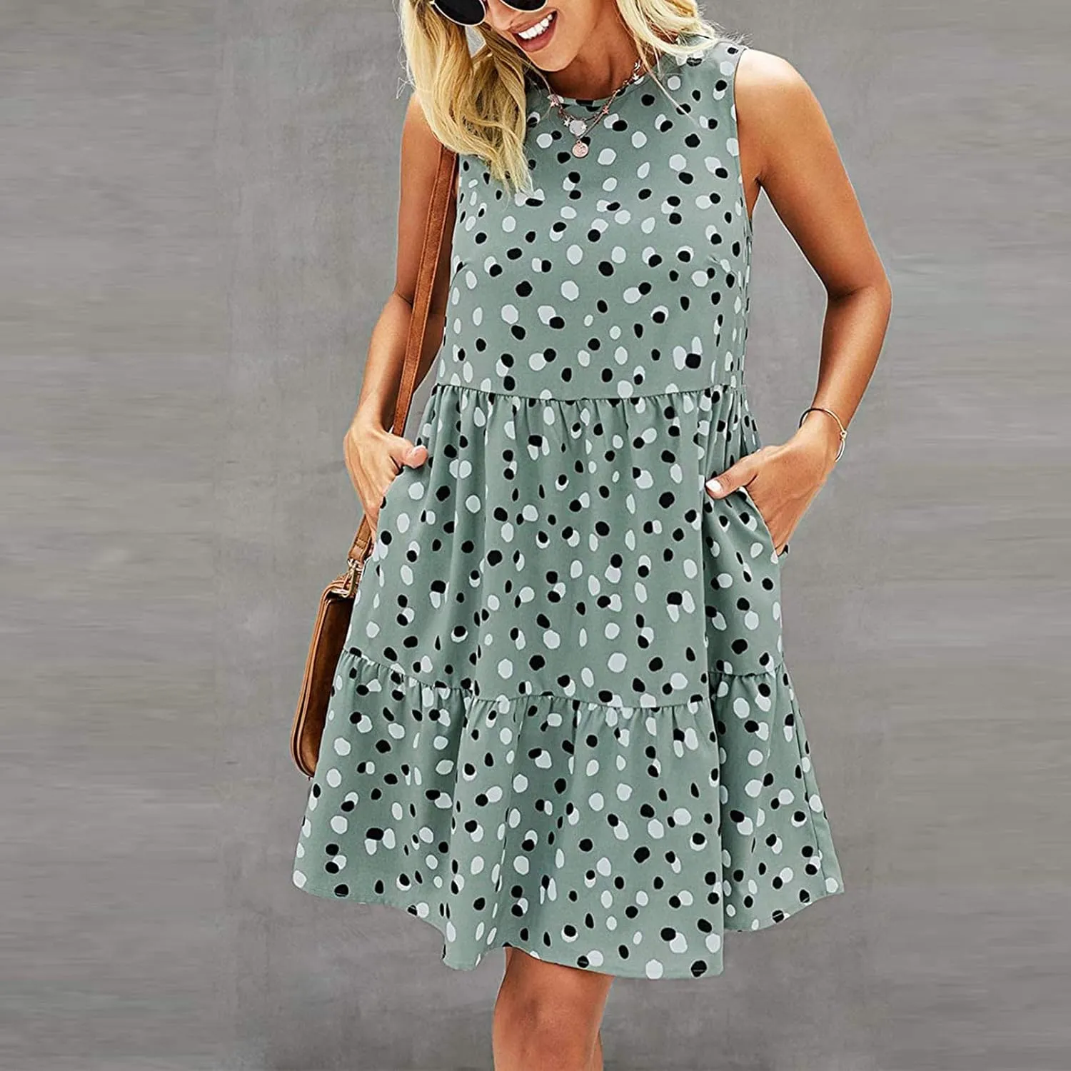 Womens Sundresses Tank Top Dress Summer Western Dress Short Dress Sleeveless Polka Dot Swing A Line with Pockets