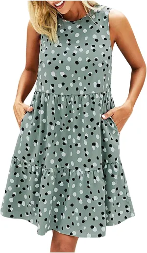 Womens Sundresses Tank Top Dress Summer Western Dress Short Dress Sleeveless Polka Dot Swing A Line with Pockets