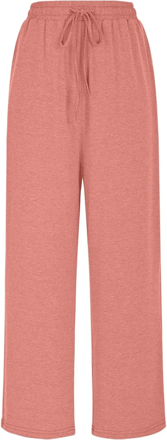 Womens Sweatpants Drawstring Stretch High Rise Straight Leg Pockets Solid Color Trousers Casual Comfy Workout Pant