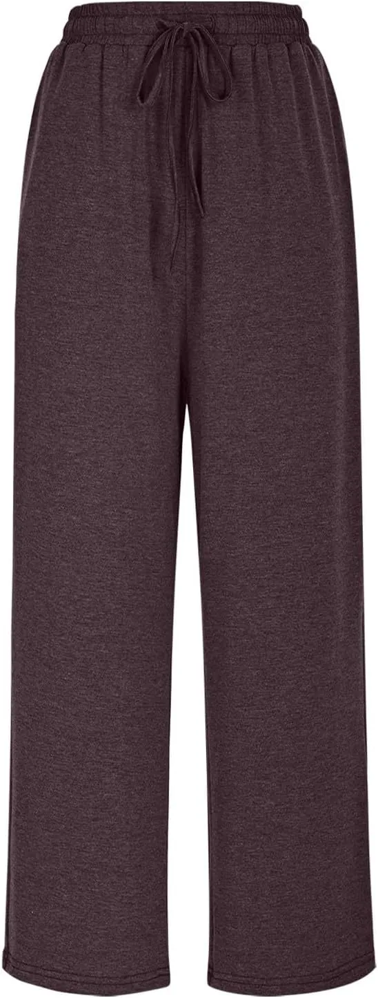 Womens Sweatpants Drawstring Stretch High Rise Straight Leg Pockets Solid Color Trousers Casual Comfy Workout Pant