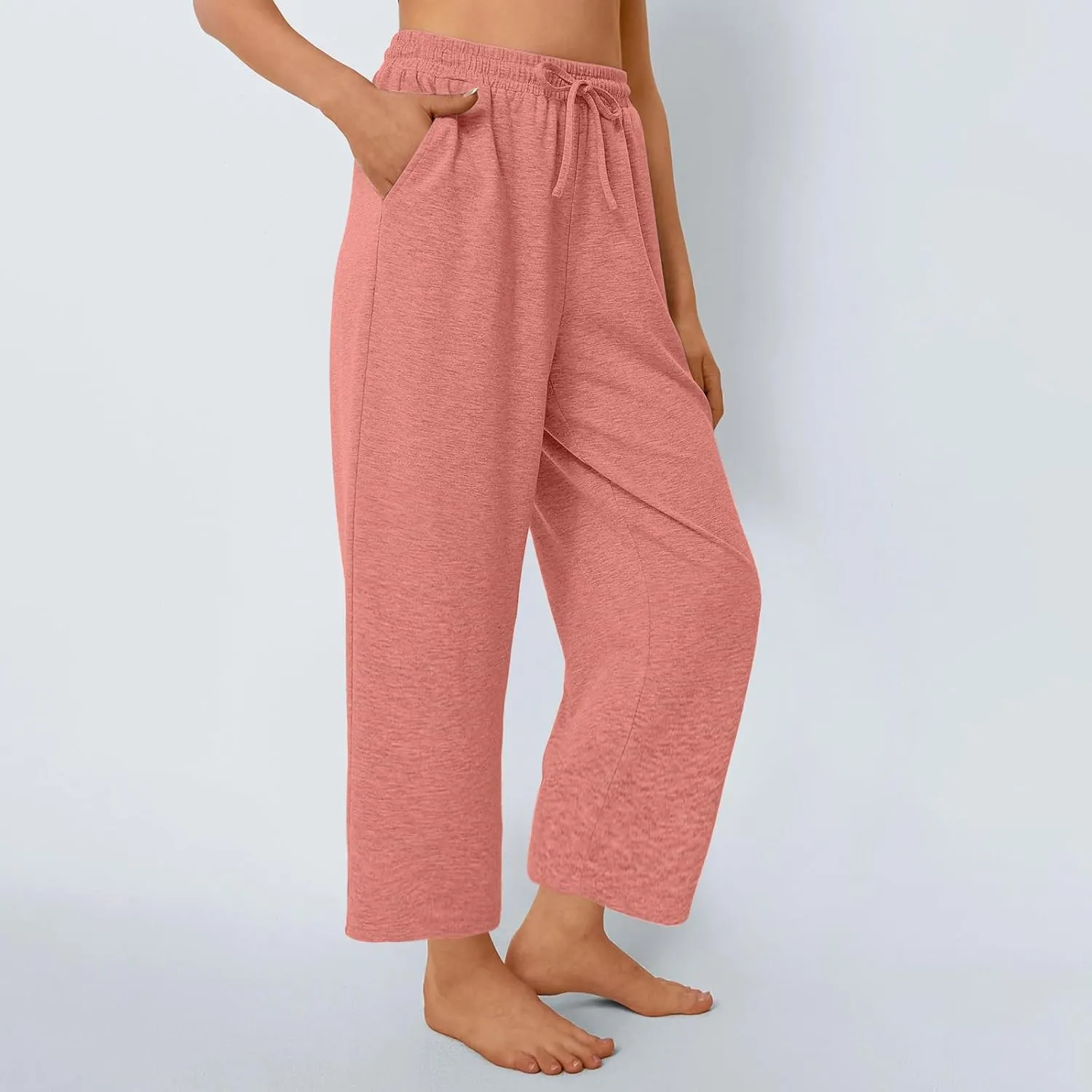 Womens Sweatpants Drawstring Stretch High Rise Straight Leg Pockets Solid Color Trousers Casual Comfy Workout Pant