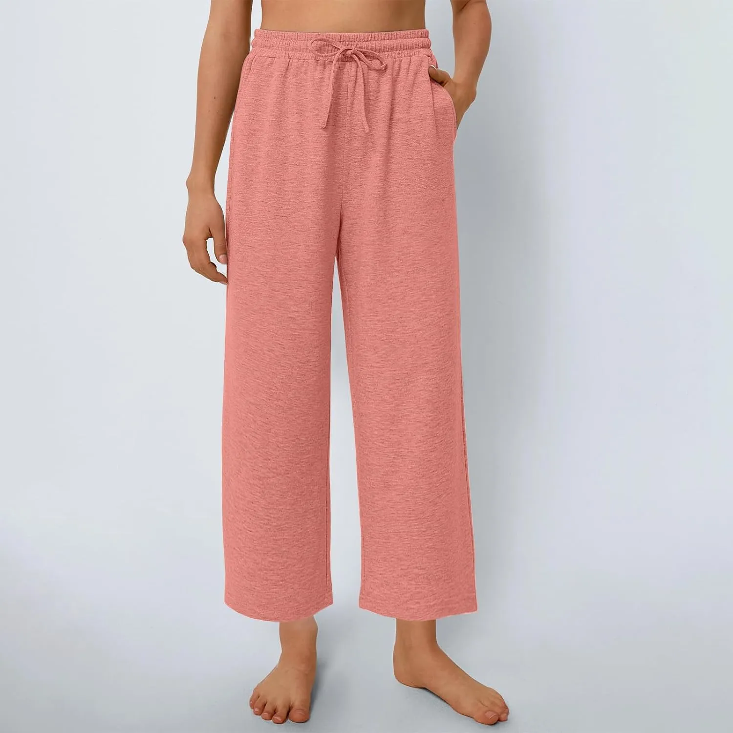 Womens Sweatpants Drawstring Stretch High Rise Straight Leg Pockets Solid Color Trousers Casual Comfy Workout Pant
