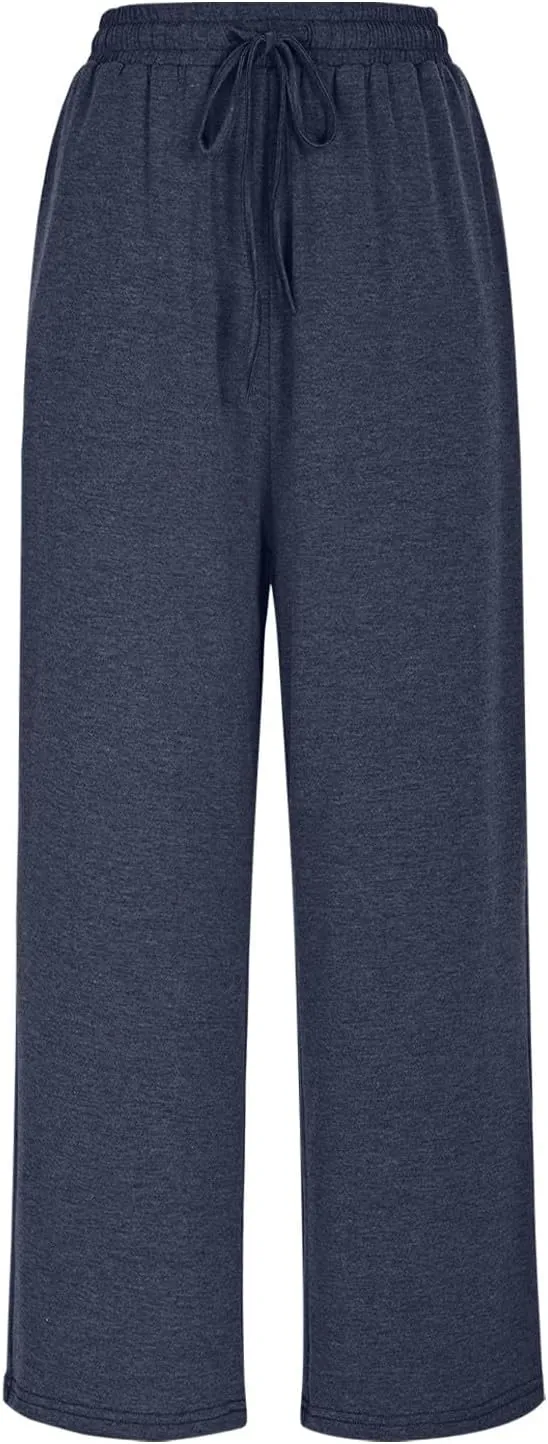 Womens Sweatpants Drawstring Stretch High Rise Straight Leg Pockets Solid Color Trousers Casual Comfy Workout Pant