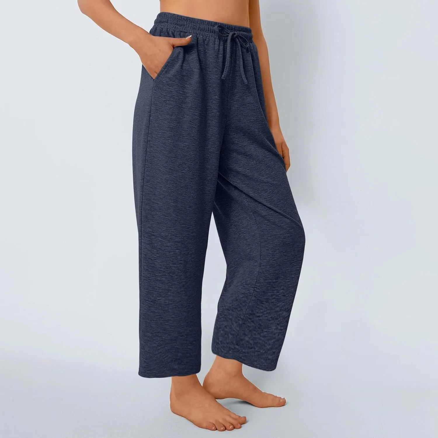 Womens Sweatpants Drawstring Stretch High Rise Straight Leg Pockets Solid Color Trousers Casual Comfy Workout Pant