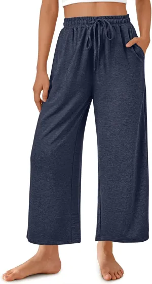 Womens Sweatpants Drawstring Stretch High Rise Straight Leg Pockets Solid Color Trousers Casual Comfy Workout Pant