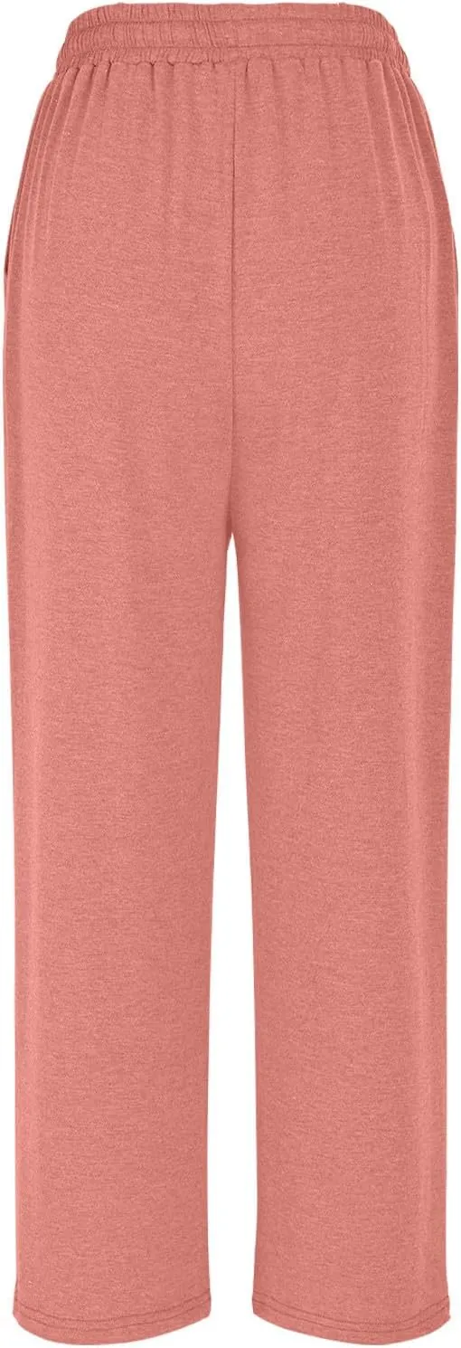 Womens Sweatpants Drawstring Stretch High Rise Straight Leg Pockets Solid Color Trousers Casual Comfy Workout Pant