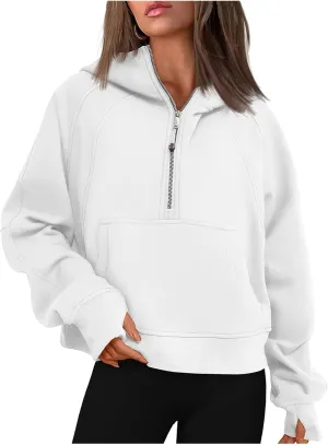 Womens Sweatshirts Half Zip Cropped Pullover Fleece Quarter Zipper Hoodies Spring Outfits Clothes Thumb Hole