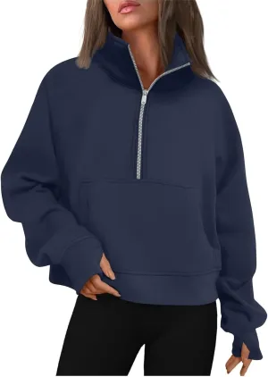 Womens Sweatshirts Half Zip Cropped Pullover Tops Quarter Zipper Tunics Fall Outfits Clothes Thumb Hole