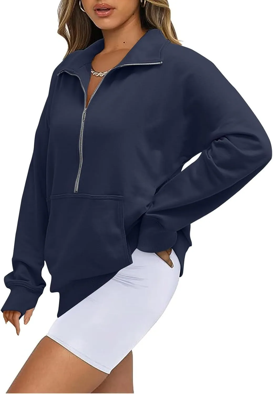 Womens Sweatshirts Half Zip Cropped Pullover Tops Quarter Zipper Tunics Fall Outfits Clothes Thumb Hole