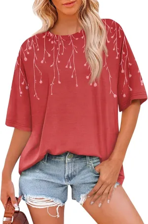 Women's T Shirts Womens Short Sleeve Floral Printed Shirt Fashion Summer Crew Neck Loose Fit Pullover